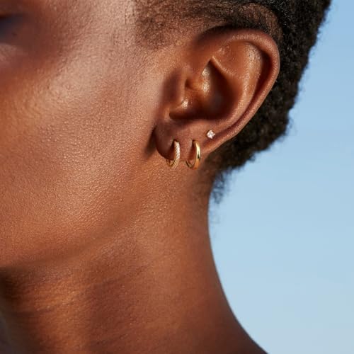 Sterling Silver Earrings Stacks for Women, Hypoallergenic Cartilage Earring | Dainty Stud Huggie Hoop Dangle Chain Earrings, 14K Gold/White Gold Plated - color: 3Pairs-Gold Stud Hoops Set