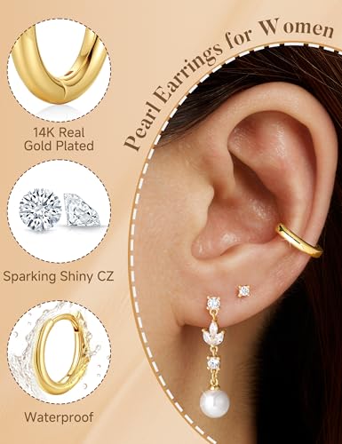 M MOOHAM Pearl Earrings for Women, 14K Gold Plated Pearl Drop Earrings | Hypoallergenic Pearl Dangle Earrings Set, Dainty Flat Back Stud Earring Stack, Bridal Shower Gifts, Wedding Jewelry - color: 14K Gold Plated