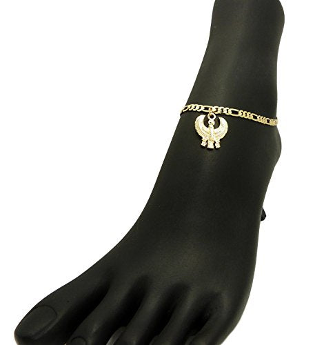 Fashion 21 Women's Cross, Ankh, Queen Nefertiti Piece 10 inches Figaro Chain Anklet Foot Bracelet in Gold Tone - style: Horus Bird / Figaro
