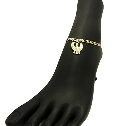 Fashion 21 Women's Cross, Ankh, Queen Nefertiti Piece 10 inches Figaro Chain Anklet Foot Bracelet in Gold Tone - style: Horus Bird / Figaro