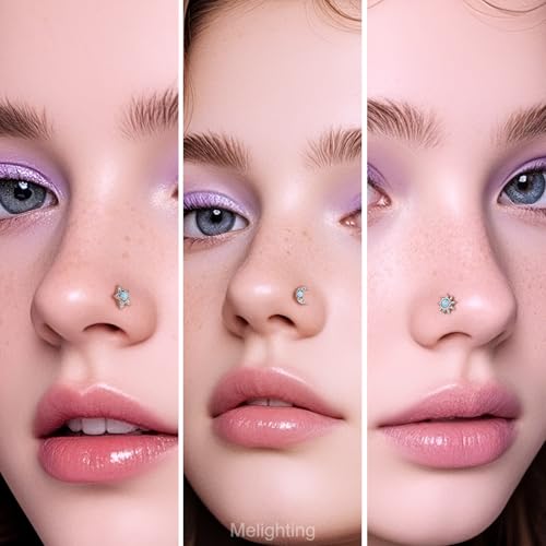 MeIighting 3pcs 20G L-Shaped Nose Ring Set, 7mm Star and Moon Nose Studs, Stainless Steel 316L Nose Jewelry with White Opal and Zircon, Celestial Nose Piercing Jewelry for Women