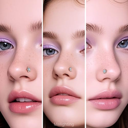 MeIighting 3pcs 20G L-Shaped Nose Ring Set, 7mm Star and Moon Nose Studs, Stainless Steel 316L Nose Jewelry with White Opal and Zircon, Celestial Nose Piercing Jewelry for Women