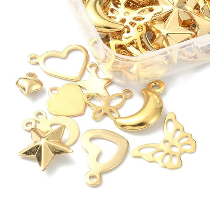 8-64Pcs Silver Goldern Color Heart Pendants Charms 10 Styles Heart Stainless Steel Metal Charms for Jewelry Making Crafting Necklaces Bracelets Earrings Keychains Birthday Gift - color: GoldenA-60 pcs