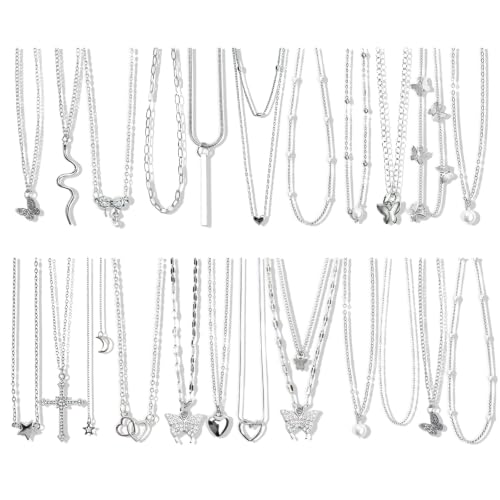 24 Pcs Y2K Necklace Set, Layered Grunge Emo Jewelry Pack With Cross, Butterfly, Heart, Moon, Star, and Pearl Chain Pendant Accessories, Daily Wear Gifts for Women - color: 24 Pcs Silver