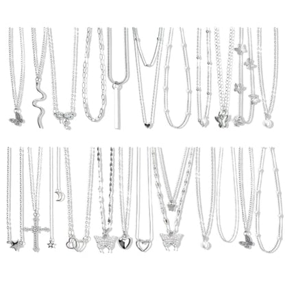 24 Pcs Y2K Necklace Set, Layered Grunge Emo Jewelry Pack With Cross, Butterfly, Heart, Moon, Star, and Pearl Chain Pendant Accessories, Daily Wear Gifts for Women - color: 24 Pcs Silver