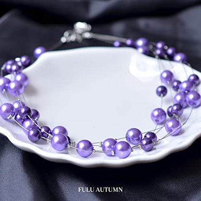 FULU AUTUMN Layered Pearl Necklace Multi-strand Pearl Choker Necklaces for Women Beaded jewelry for Wedding Parties - color: Purple