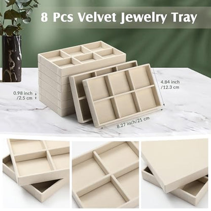 Highergo 8 Pcs Velvet Jewelry Trays Stackable Drawers Organizer Ring Earring Bracelet Necklace Storage Trays, 8.3x4.7x1''(6 Grids) - style: 6 Grids