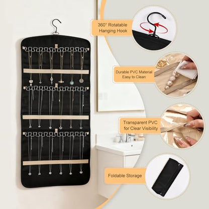 Hanging Jewelry Organizer Storage Roll with 39 Clear Pockets Double-Sided Foldable, Necklace Organizer Tangle Free, Travel Jewelry Holder for Earrings, Rings, Bracelets, Hanging on Closet, Wall, Door - size: Large