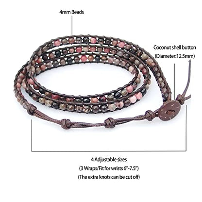 Genuine Stone Wrap Bracelets for Women Natural Crystal Beaded Wrap Bracelet 2/3/5 Adjustable Bohemian Bracelets Jewelry Gifts for Women Mom - color: rhodonite(3 wraps)