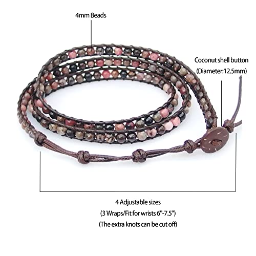 Genuine Stone Wrap Bracelets for Women Natural Crystal Beaded Wrap Bracelet 2/3/5 Adjustable Bohemian Bracelets Jewelry Gifts for Women Mom - color: rhodonite(3 wraps)