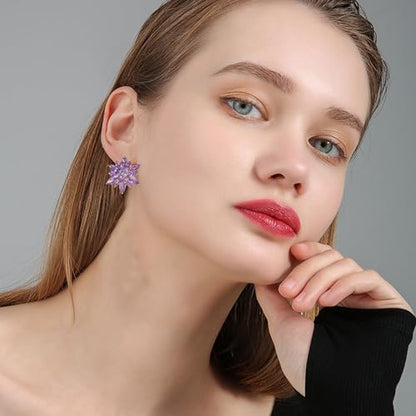 Crystal Flower Burst Stud Earrings Large Big Sparkly CZ Cubic Rhinestone Floral Cluster Flower Stud Earrings Bridal Wedding Party - color: Violet