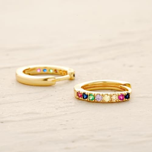 Women Gold Earrings Huggie Hoop Cubic Zirconia 14K Gold Plated Small Simple Hypoallergenic Everyday Jewelry - style: Rainbow