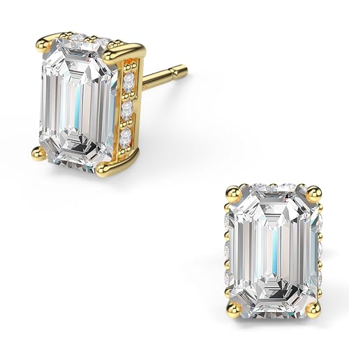 18K White Gold Plated Sterling Silver Emerald Cut Cubic Zirconia Stud Earrings Clear CZ Diamond Stud Earrings for Women Men Hypoallergenic - color: Gold, size: 4MM*6MM