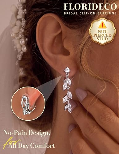 Florideco Silver Plated Clip On Earrings Wedding Dangle Earrings for Women - color: S-Short Leaves
