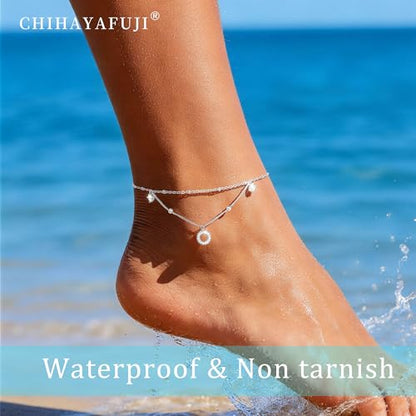 Sterling Silver Ankle Bracelets for Women 14k Gold Plated Waterproof Layered Stackable CZ Charm Non Tarnish Adjustable Anklet for Summer Beach Birthday Jewelry Gift - color: silver E