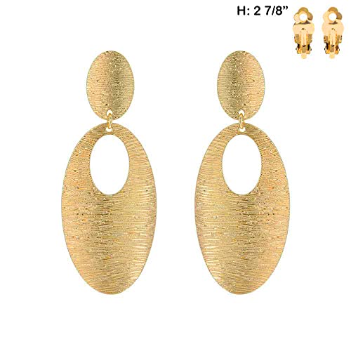 Rosemarie & Jubalee Women's Stunning Grooved Textured Metal Elongated Oval Hoop Statement Clip On Earring, 2.75" - color: Gold Tone