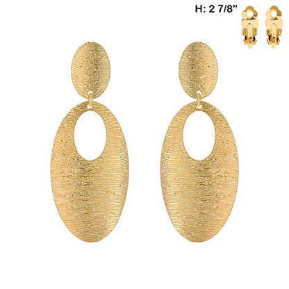 Rosemarie & Jubalee Women's Stunning Grooved Textured Metal Elongated Oval Hoop Statement Clip On Earring, 2.75" - color: Gold Tone