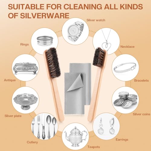 4 Pcs Horsehair Silver Cleaning Dauber Brushes Sterling Detail Polish Applicator Set with Polishing Cloth for Silverware Plateware Jewelry Cleaner(Style C) - style: Style C