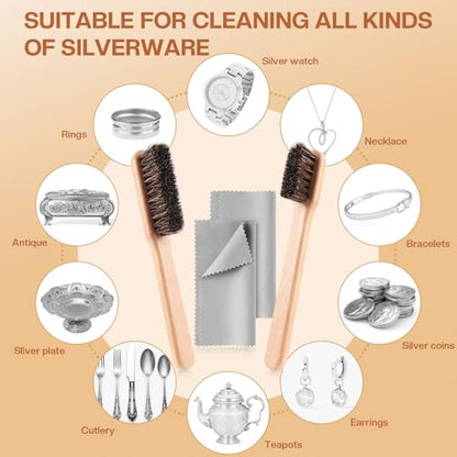 4 Pcs Horsehair Silver Cleaning Dauber Brushes Sterling Detail Polish Applicator Set with Polishing Cloth for Silverware Plateware Jewelry Cleaner(Style C) - style: Style C