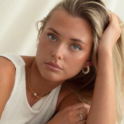 Trendy 14K Gold Plated Hoop Earrings for Women, Chunky Gold/Silver Earrings for Women Cubic Zirconia Baguette Hoop Earrings Heart Hoops Lightweight Hypoallergenic Jewelry,25mm/35mm/40mm/50mm - color: 01 Gold Pearl Hoops 25mm
