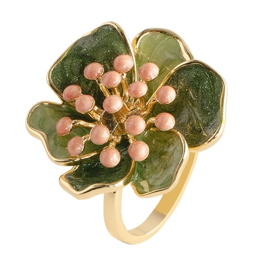 Kokoma Vintage Camellia Flower Statement Ring for Women Shiny Green Enamel Floral Ring Engagement Eternity Rings Wedding Band Adjustable Fashion Jewelry
