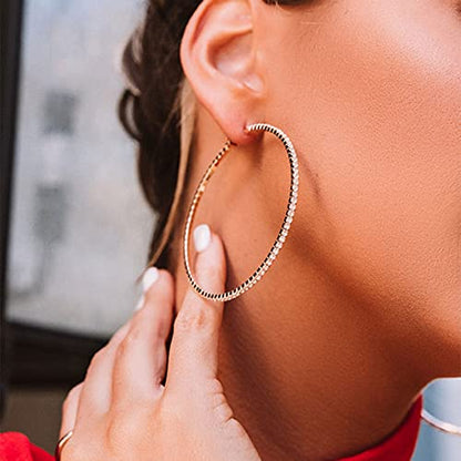 925 Sterling Silver Earrings Large Rhinestone Hoop Earrings Big Cubic Zirconia Hoop Earrings Thin Rhinestones Round Hoop Earrings for Women 20/30/40/50/60/70mm Sparkly Hoops With Crystals for Womens - color: Gold,40/50/60
