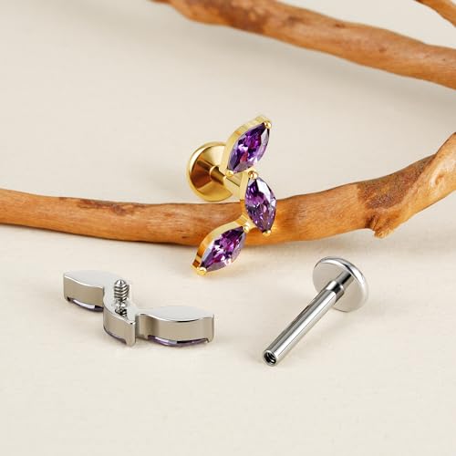 FINE4U 16G CZ Cluster Climber Cartilage Earring for Helix, Tragus - ASTM F136 Titanium Triple Marquise Labret Stud, Screw on Nickel Free Flat Back Jewelry - color: Triple Marquise - Amethyst CZ - Gold