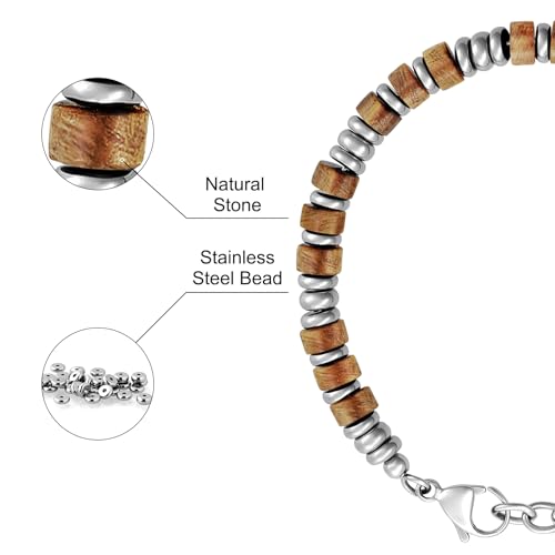 SIUMAL Mens Bracelet, Boho Stainless Steel Bracelets for Men, Beaded Bracelets, Jewelry Gifts for Husband, Father, Friends - color: Brown