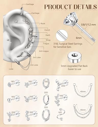 Cartilage Earrings for Women - 14K Gold Plated Flat Back Helix Conch Tragus Piercing Jewelry Single Stainless Steel Stud Earrings Hoops Stackable Set - color: Silver Tone