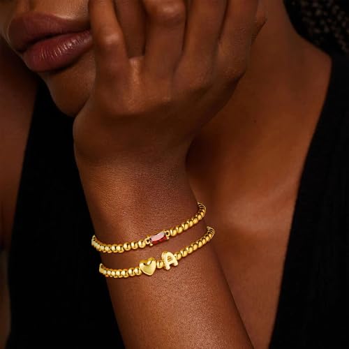 Turandoss Birthstone Beaded Bracelets for Women – Dainty 14K Gold Plated Heart Initial A-Z Charm Birthstone Bracelets, Stackable Waterproof Strand Bead Ball Bracelet Jewelry Birthday Gifts - color: Sep-Sapphire, style: R