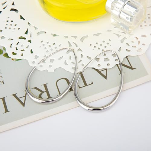 Lightweight Teardrop Hoop Earrings for Women - 14k Gold/White Gold Plated Large Oval Pull Through Hoop Earrings High Polished Statement Jewelry Gift for Women - color: Sliver 50*30