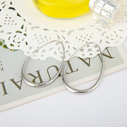 Lightweight Teardrop Hoop Earrings for Women - 14k Gold/White Gold Plated Large Oval Pull Through Hoop Earrings High Polished Statement Jewelry Gift for Women - color: Sliver 50*30