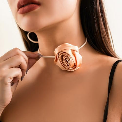 Red Camellia Flower Fabric Choker Necklace for Women Black Rose Floral Rope Statement Necklaces Trendy Costume Outfit Cloth Jewelry Petal Accessories - color: Light