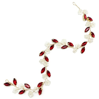 Bridal Crystal Flower Headband Wedding Rhinestone Pearl Floral Hair Vine Headpiece Accessories for Women Girls (Wine Red Crystal Gold Vine) - color: Wine Red Crystal Gold Vine