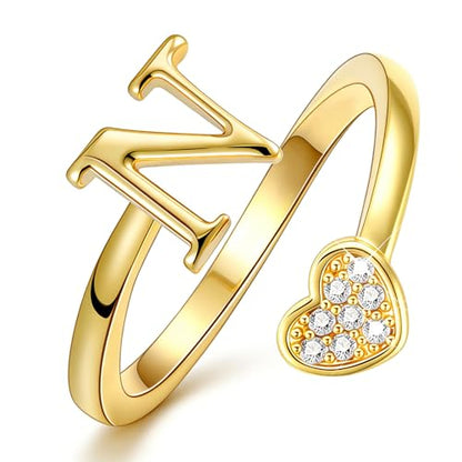 Lunvky Birthday Gifts Silver Initial Rings for Women Teen Girl Kids Trendy Stuff Dainty 14K Gold Plated Adjustable Heart Letter Thumb Rings Pinky Cute Jewelry Personalized Gift - color: Gold, size: Initial-N