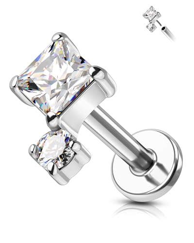 COCHARM 16G Threadless Labret Stud Earrings Flat Back Helix, Tragus, Cartilage,Conch Piercing Jewelry Square CZ Push Pin Lobe Stud 6mm 8mm 316L Steel Silver, Gold - color: Silver, size: 1.2x8mm