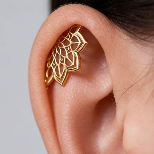 14K Gold Plated Hidden Helix Piercing Jewelry for Women Gothic Boho Mandala Lotus Cartilage Earring Flat Back Pure Titanium Geometric Helix Stud Unique Spiritual Punk Jewelry Gifts - color: Gold
