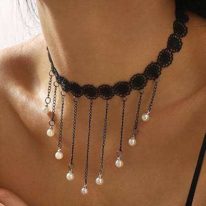 Lace Choker Necklace for Women Gothic Pearl Pendant Necklace Halloween Cosplay Jewelry - color: Black