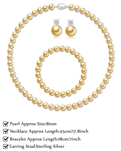 Pearl Necklaces for Women,8mm Pearl Necklace and Earring Bracelet Jewelry Set for Women Men Wedding Birthday Valentine Christmas Day Gifts - color: Yellow
