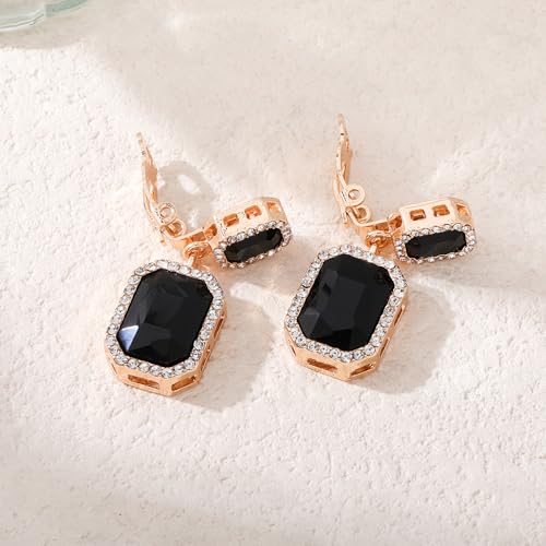 YINLI Austrian Crystal Square Shape Dangle Drop Clip on Earrings for Women - color: Black,Gold