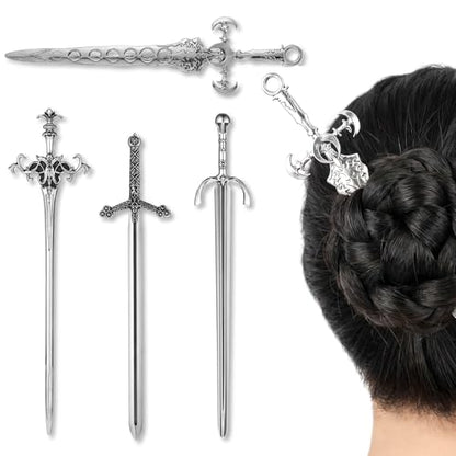 Sword Hair Pin Set, 4 Pcs Gothic Viking Hair Accessories for Women Medieval Hairs Sticks Fantasy Renaissance Hairs Jewelry Cosplay Hairpins Retro Metal Chopsticks Viking Themed Halloween Gifts