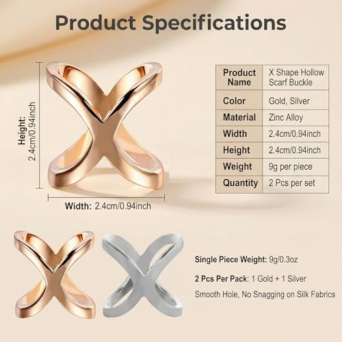 2PCS(Gold+Silver) X Shaped Scarf Ring Buckle Jewelry Silk Scarf Clips Clothing Wrap Holder for T-Shirt Neckerchief Shawl