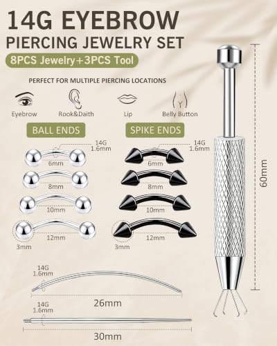11Pcs Eyebrow Piercing Jewelry with Grabber Tool 14G/16G Stainless Steel Curved Barbell Eyebrow Jewelry Hypoallergenic Eyebrow Rings Rook Vertical Labret Navel Daith Lip Helix Conch Daith for Women Men 6mm/8mm/10mm/12mm - color: Silver/Black, size: 14G