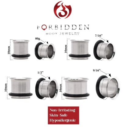 Forbidden Body Jewelry 12G-1 Inch Surgical Steel Single Flared Tunnel Plugs Plus O-Ring, Choose Pcs/Gauge - style: 8pcs: 00g/11mm/12mm/14mm