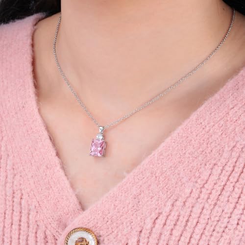 CiNily Rectangular Crystal Necklace for Women Trendy, Pendant Necklace with Chain 14K White Gold | Gold Plated Multicolor Birthstone Pendant Necklaces Boho Jewelry for Christmas Birthday Wedding - color: Silver-Pink cz