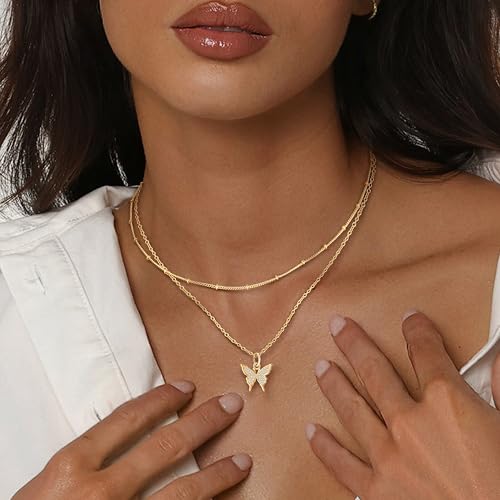 MJartoria 14K Gold Plated Gold Layered Necklace, Heart Butterfly Star Moon Pendant Necklace for Women, Dainty Jewelry Gifts for Mom, Wedding, Party, Daily Wear - style: Butterfly