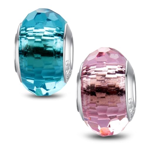 MICOO 925 Sterling Silver Charms for Bracelets,Fashion DIY Dangle Pendants Beads Simulated Birthstone Charms,Birthday Gifts for Women - color: 2 Pale blue and Pink Charms