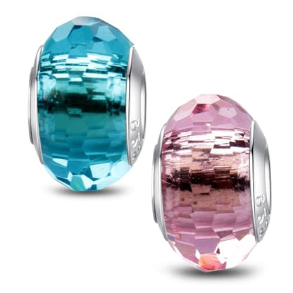 MICOO 925 Sterling Silver Charms for Bracelets,Fashion DIY Dangle Pendants Beads Simulated Birthstone Charms,Birthday Gifts for Women - color: 2 Pale blue and Pink Charms