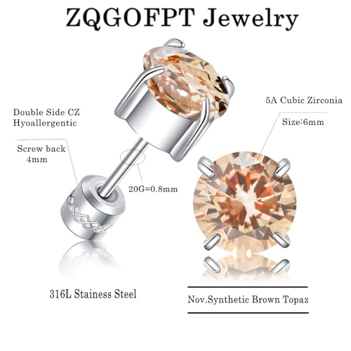 Titanium Flat Back Surgical Stainless Steel Stud Earrings for Women Men,Birthstone Stud Earrings Hypoallergenic Double Side 5A Cubic Zirconia Studs Jewelry 6mm - color: November(Topaz)