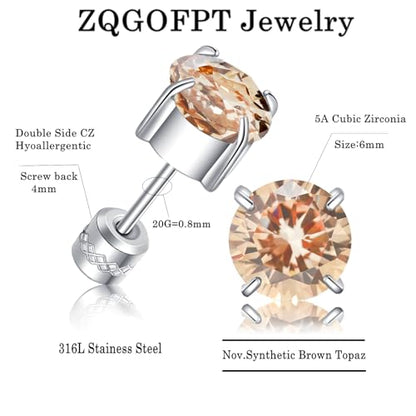 Titanium Flat Back Surgical Stainless Steel Stud Earrings for Women Men,Birthstone Stud Earrings Hypoallergenic Double Side 5A Cubic Zirconia Studs Jewelry 6mm - color: November(Topaz)